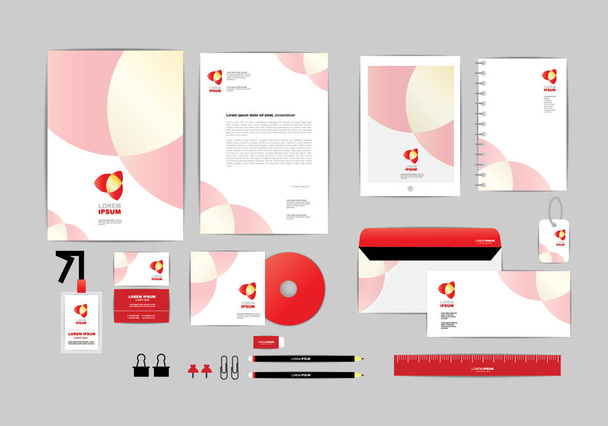 Красно-белый с треугольным фирменным стилем - это компакт-диск, визитная карточка, папка, рулер, энциклопедия и буква "Н".
 - Вектор,изображение