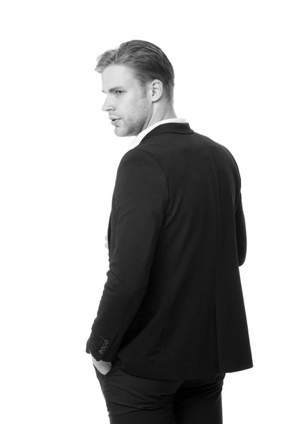His style classic. Man well groomed in formal outfit rear view isolated white. Business dress code means for men suit. Business dress code. Businessman gentleman dressed classic professional attire - Fotoğraf, Görsel