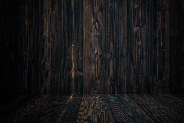 Grunge dark wood background wall and floor. wooden texture. surface, display backdrop, put product on floor. - Фото, зображення