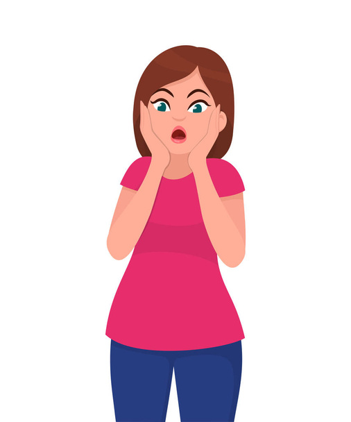 Shocked pretty young woman holding hands on face. Human emotion and body language concept illustration in vector cartoon flat style. - Vector, Image