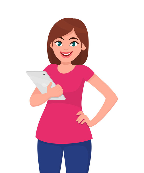 Mujer joven mostrando / sosteniendo la ficha en blanco o tableta de computadora. Moderna tecnología estilo de vida concepto ilustración en el estilo de dibujos animados vectoriales
. - Vector, imagen