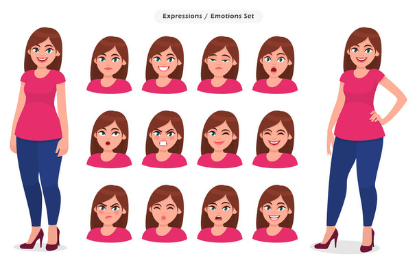 Conjunto de expresión facial femenina. Colección de emociones de chica / mujer. Ilustración conceptual en estilo de dibujos animados vectoriales
. - Vector, imagen