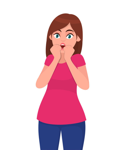 Scared, terrified, shocked woman keeps hands near opened mouth, looks with fearful expression, opens eyes widely. Emotion and body language concept illustration in vector cartoon flat style. - Vetor, Imagem