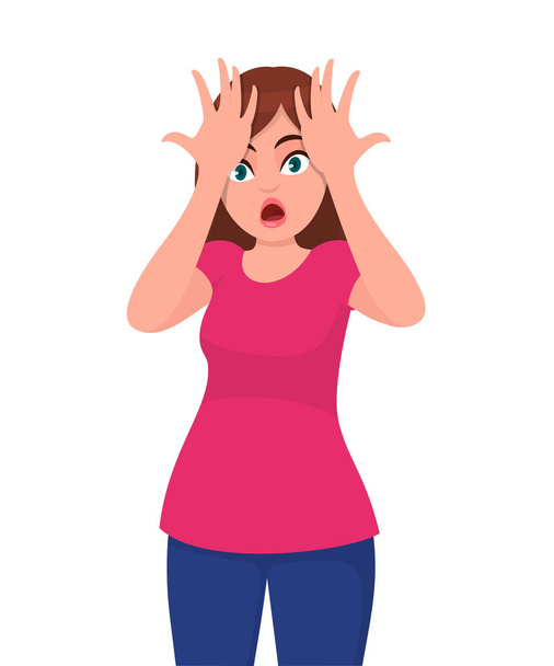 Young woman surprised with hands on head for mistake, remember error. Forgot, bad memory. Human emotion and body language concept illustration in vector cartoon flat style. - ベクター画像