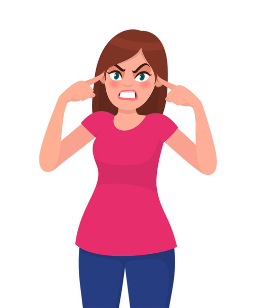 Angry woman covering ears with hands. Girl plugs his ears with his fingers. Fear of loud sounds and unpleasant loud noise. Human emotion concept illustration in vector cartoon style. - Vector, Image