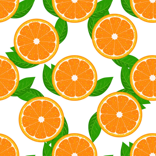 Orange fruit seamless with leaf. High detailed sliced oranges. Flat color Vector Illustration. - Vector, Image