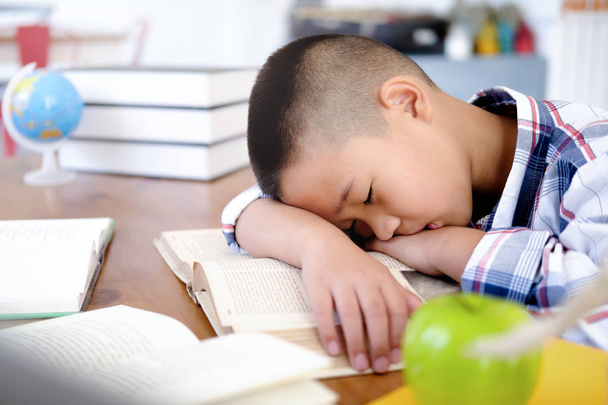 Втомлений хлопчик спить на книзі. Нудні дослідження. Набридло домашнє завдання. Освіта та концепція дитини
. - Фото, зображення
