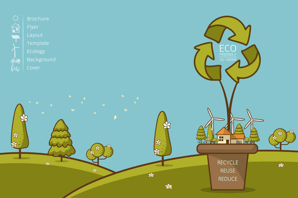 Vektorové ilustrace Eco domů s větrnou turbínu, kola, solární článek, house a stromy. Ukládání na pozadí pro den země. Životního prostředí, recyklace znamení pro ekologii, koncepce znečištění a ochrana přírody. - Vektor, obrázek