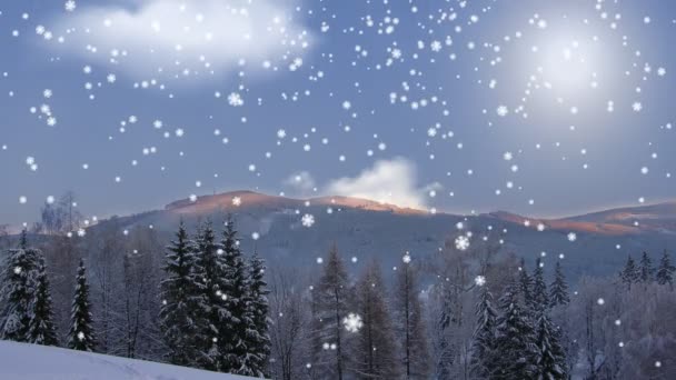 Замороженный пейзаж с ночным небом и закатом. Снежинки падают на зимний пейзаж
. - Кадры, видео