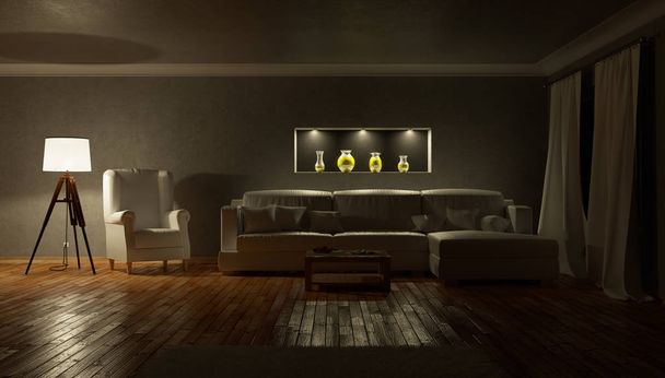 Living room at night. 3d illustration - Fotoğraf, Görsel