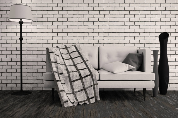 Interior in a Modern style with a brick wall. 3d illustration - Zdjęcie, obraz