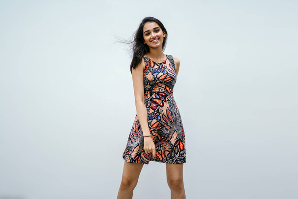 Fashion portrait of a beautiful, young and slim Indian Asian girl in dress posing - 写真・画像
