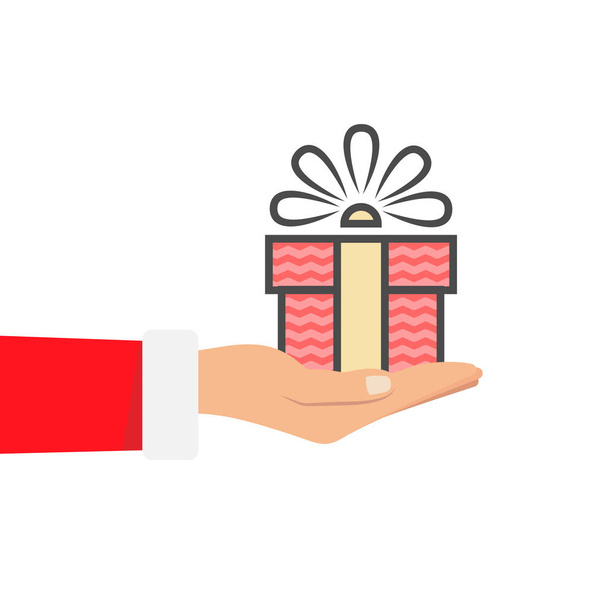 Cadeau du Père Noël. Père Noël tenant boîte cadeau blanc dans la main. Illustration vectorielle design plat. Joyeux Noël et bonne année r
 - Vecteur, image