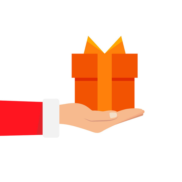 Cadeau du Père Noël. Père Noël tenant boîte cadeau blanc dans la main. Illustration vectorielle design plat. Joyeux Noël et bonne année u
 - Vecteur, image
