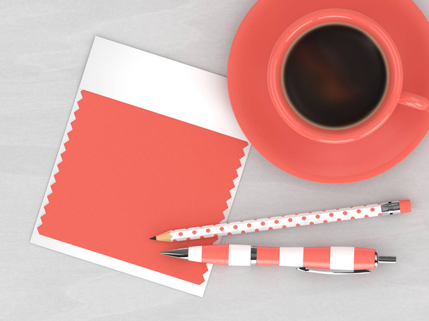 3d render of stationery with  textile color swatch lying on wooden desk. Living coral. Color of the year 2019. - 写真・画像