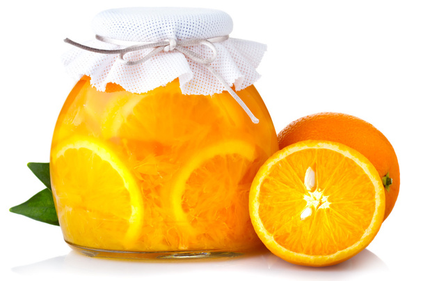 Orange jam with ripe fruits isolated - Photo, Image