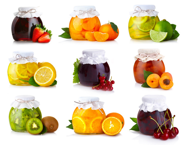 σύνολο γυάλινων βάζων με εξωτικά φρούτα μαρμελάδα απομονωθεί - Φωτογραφία, εικόνα