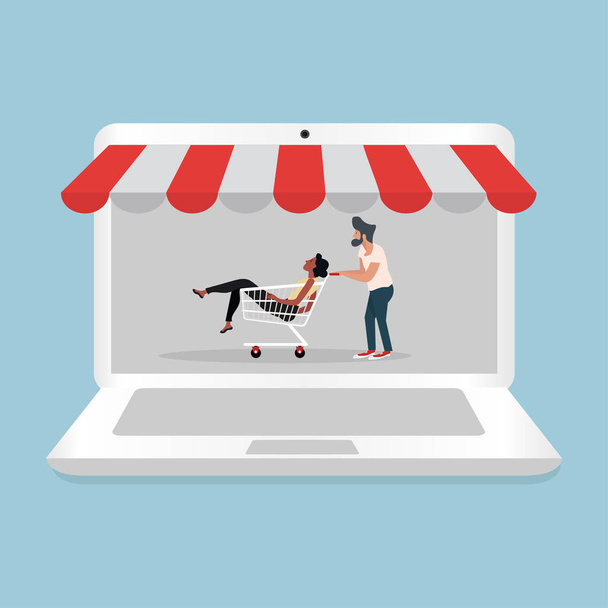 man and woman sitting in shopping cart with Online shopping laptop - Vector, imagen