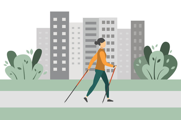 Nordic walking. Woman hiking with nordic walking poles in park. Vector. Cartoon.  - Vector, Image