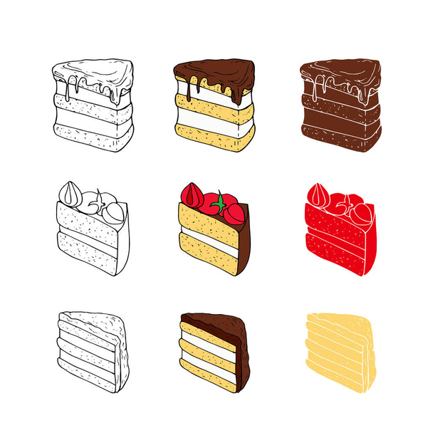 Набір солодких тортів з різними начинками в трьох стилях. Ідеально підходить для дизайну меню, картки, текстилю, упаковки продуктів харчування
. - Вектор, зображення