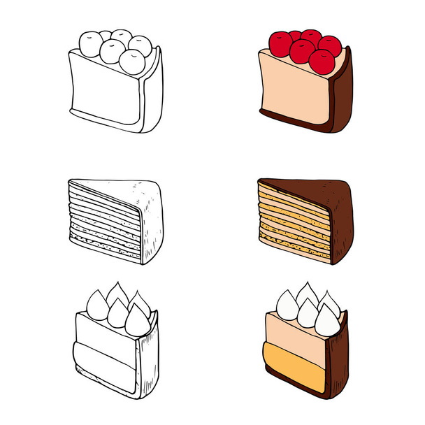 Набір солодких тортів з різними начинками в двох стилях. Ідеально підходить для дизайну меню, картки, текстилю, упаковки продуктів харчування
. - Вектор, зображення