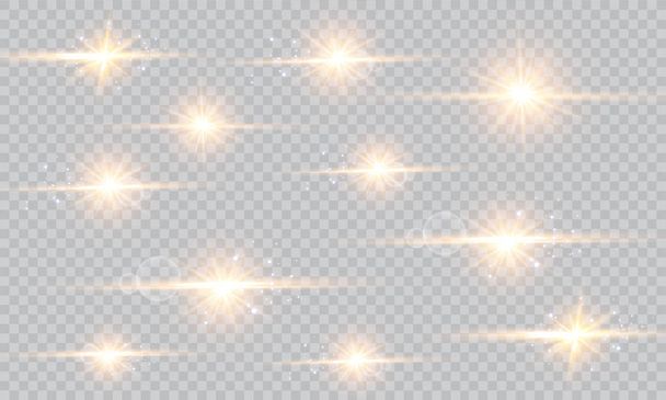 Ragyogás a fény hatása. Vektoros illusztráció. Karácsonyi flash koncepció. Egy sor csillag, fény és ragyogás, sugárzás és fényerő. - Vektor, kép