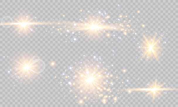 Parlama ışık efekti. Vektör çizim. Noel flash kavramı. Bir dizi yıldız, ışık ve parlaklık, ışınları ve parlaklık. - Vektör, Görsel