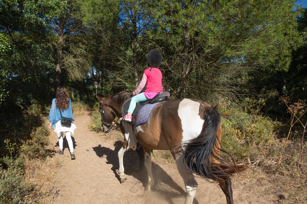 vista de trás da menina de pouco quatro anos montando um cavalo ao lado de sua mãe andando em uma floresta
 - Foto, Imagem