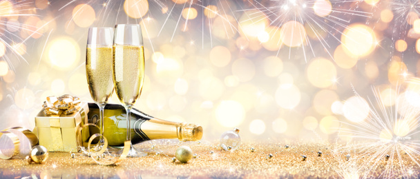 New Year Celebration With Champagne And Shiny Decoration - Photo, Image