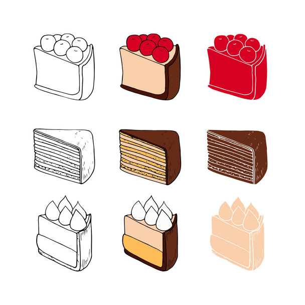 Set di torte dolci con diversi condimenti in tre stili. Perfetto per menu, card, tessile, food packaging design
. - Vettoriali, immagini