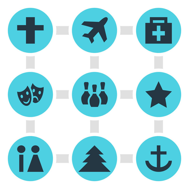 illustration of 9 check-in icons. Editable set of forest, pharmacy, airplane and other icon elements. - Foto, imagen