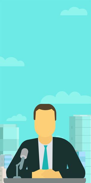 Vertical banner. Broadcaster anchorman. TV presenter making speech in microphone. Against the sky and city. - Vector, Image