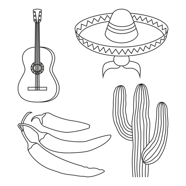 Line art black and white 4 mexican elements. - Διάνυσμα, εικόνα