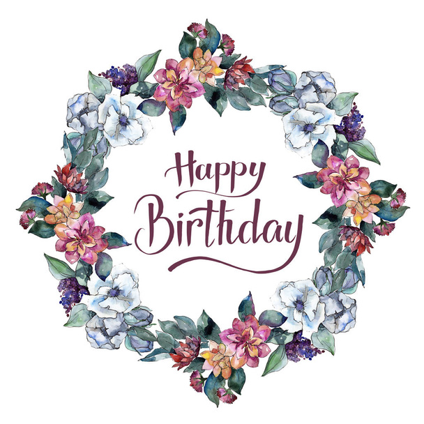 Bouquet flower. Watercolor background. Watercolour frame border ornament square. Happy Birthday handwriting calligraphy. - Photo, Image