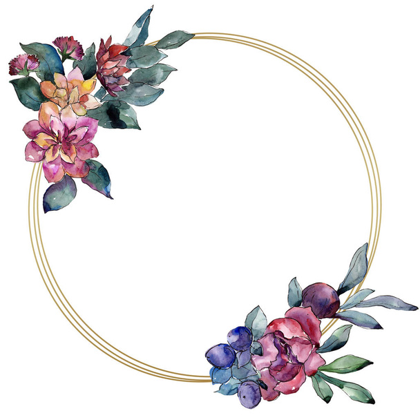 Bouquet floral flower. Watercolor background illustration set. Watercolour drawing. Frame border ornament square. - Foto, imagen
