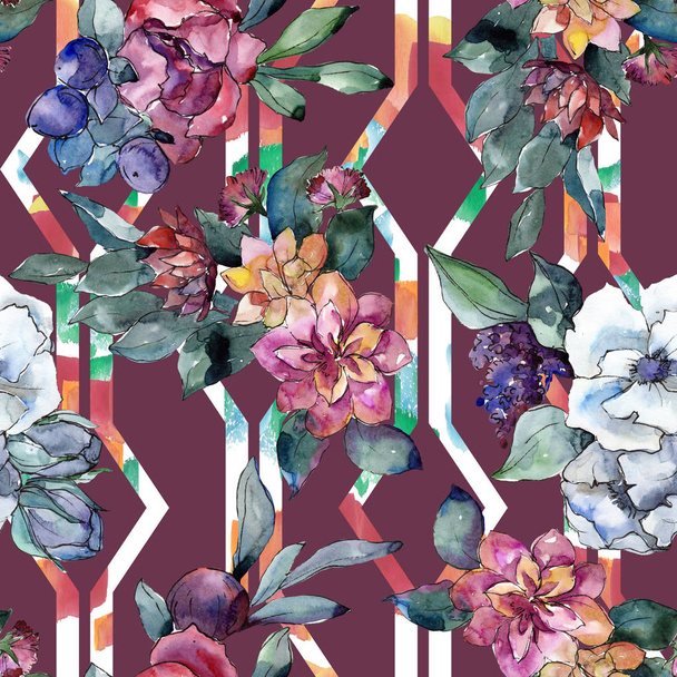 Bouquet floral flower. Watercolor illustration. Watercolour seamless background pattern. Fabric wallpaper print texture. - Photo, Image