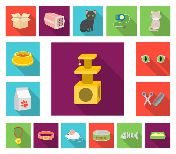 An animal cat flat icons in set collection for design. Caring for a cat vector symbol stock web illustration. - Вектор, зображення