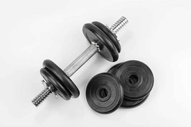 Dumbbells top view on grey background - Photo, Image