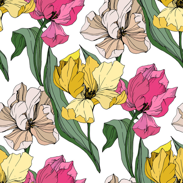 Vector Tulip engraved ink art. Floral botanical flower. Seamless background pattern. Fabric wallpaper print texture. - Vector, Image