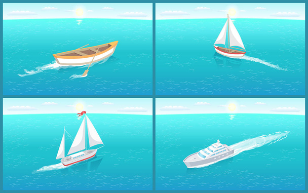 Water Transport Rowing Boat of Wood Set Vector - Vector, Image