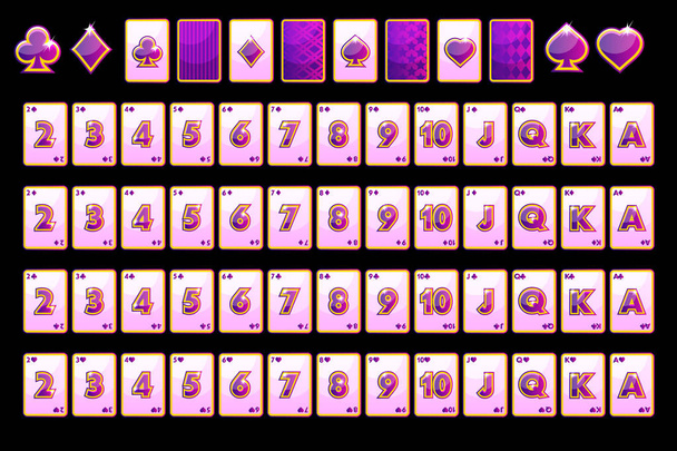 Cartoon Violet Poker, игральные карты, полная колода и карточные симуляторы для игровых автоматов и лотерея. Черный фон в отдельном слое. Игровое казино, слот, пользовательский интерфейс
 - Вектор,изображение