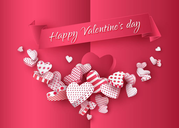 Red greeting card with a garland of 3d hearts, on a ribbon the text Happy Valentine's Day. Festive banner for the day of all lovers. Vector illustration - Vettoriali, immagini