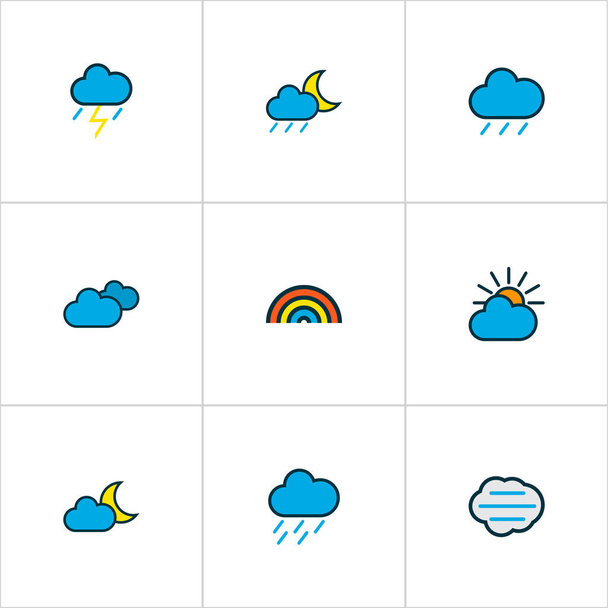Iconos de aire de color conjunto de línea con nimbo, día nublado, gota de lluvia y otros elementos nublados. Iconos de aire de ilustración de vector aislado
. - Vector, Imagen