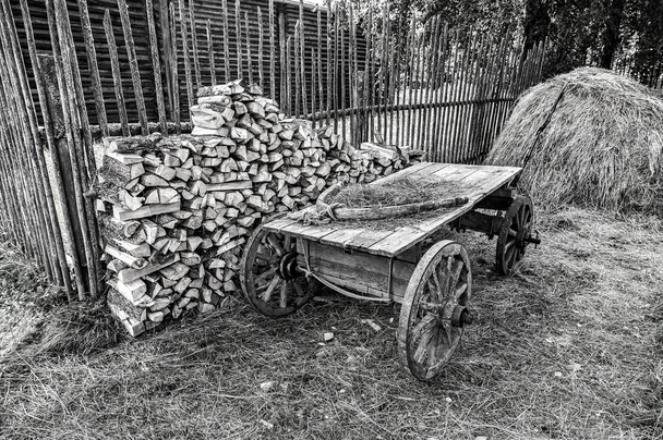 Vida no campo. Velho carrinho de madeira sem cavalo, lenha empilhada e pilha de feno no verão
 - Foto, Imagem