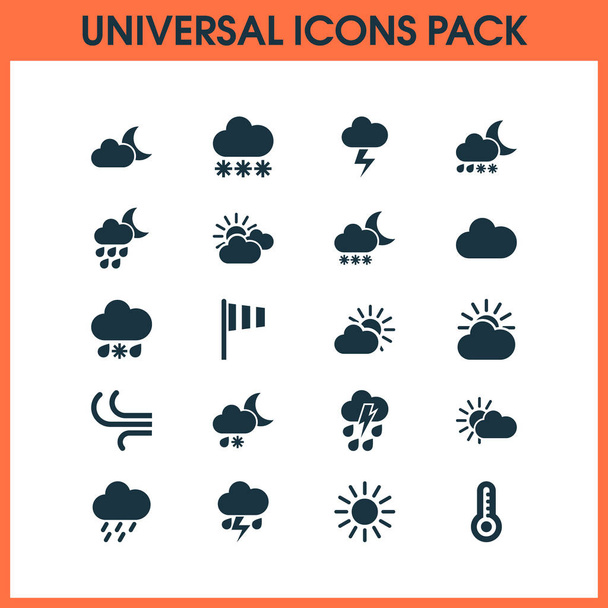 Iconos de aire establecidos con media luna, tormenta, puesta de sol y otros elementos de tormenta eléctrica. Iconos de aire de ilustración aislada
. - Foto, Imagen