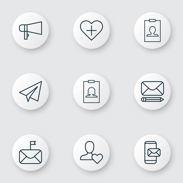 Icone di comunicazione impostate con follow, badge, megafono e altri elementi di modifica. Isolate icone di comunicazione vettoriale illustrazione
. - Vettoriali, immagini