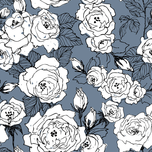 Seamless pattern of wild roses blossom branch isolated on blue. Vintage botanical hand drawn illustration. Spring flowers of garden rose, dog rose. Vector design - Vettoriali, immagini