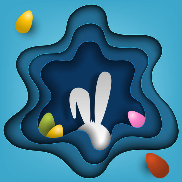 Ilustración volumétrica vectorial cortada de papel sobre el tema de Pascua. Conejo de Pascua y huevos
. - Vector, imagen