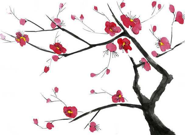 A branch of a blossoming tree. Pink and red stylized flowers of plum mei, wild apricots and sakura . Watercolor and ink illustration in style sumi-e, u-sin. Oriental traditional painting.   - Foto, afbeelding