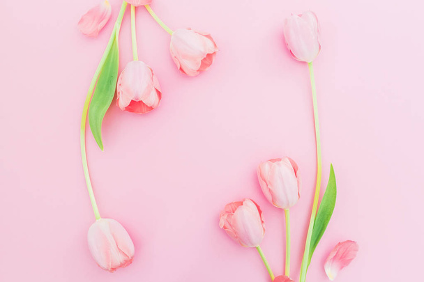 Floral frame with tulips flowers on pink background. Flat lay, top view. Spring time background with copy space - Фото, изображение